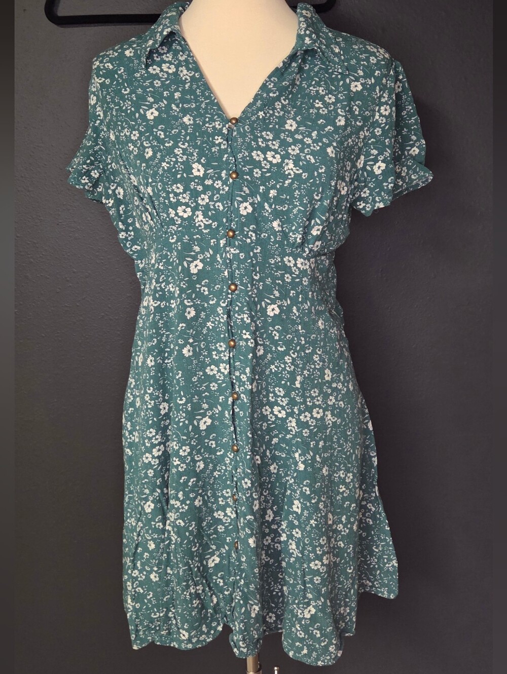 Teal Floral Button-Front Women's Dress with Short Sleeves
